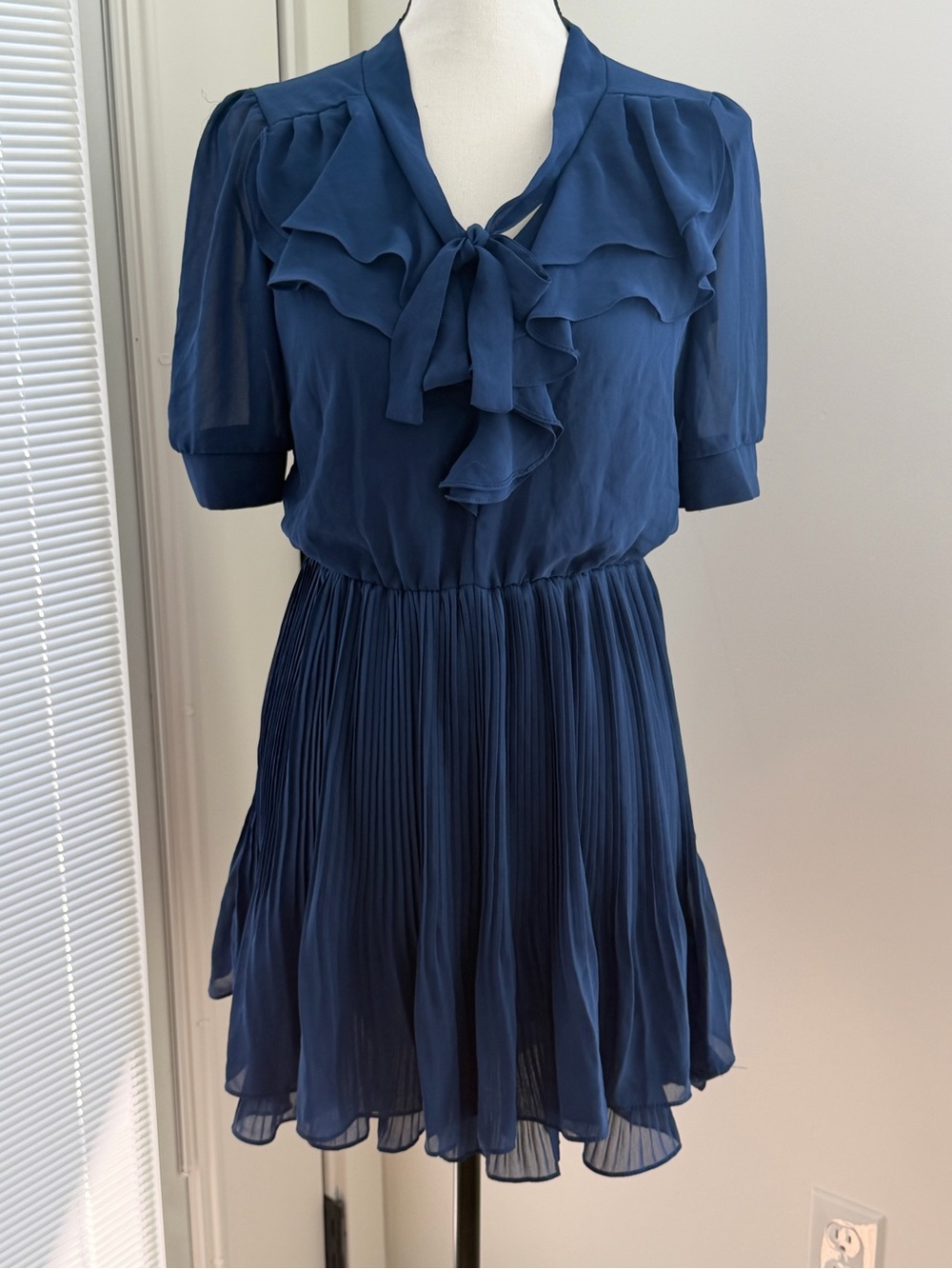 Orion London Navy Ruffled Tie-Neck Pleated Mini Dress